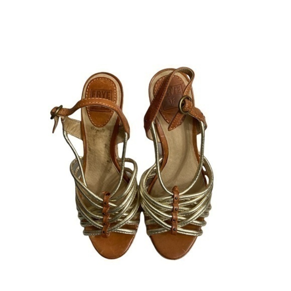 Frye Lena Gold Leather Sling Back Strappy Cork Platform Heeled Sandal Size 6.5